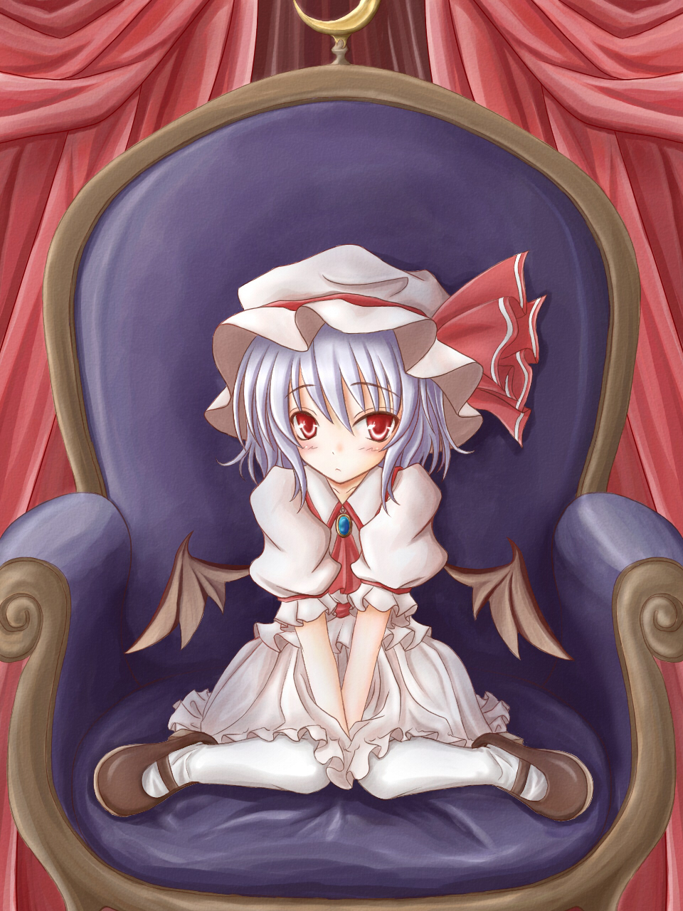 bat_wings, between_thighs, blue_hair, blush, chair, curtains, hat, highres