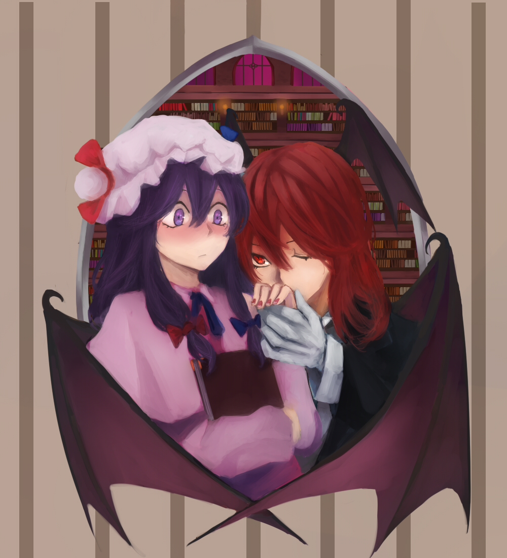 2girls, blush, book, candle, gloves, hair_ribbon, hand_kiss, head_wings, holding, holding_book, kiss, koakuma, library, long_hair, multiple_girls, nail_polish, noel_(pixiv5459099), one_eye_closed, patchouli_knowledge, purple_hair, red_eyes, red_nails, redhead, ribbon, surprised, touhou, violet_eyes, wing_hug