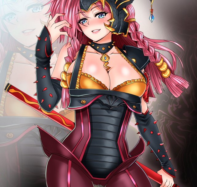 1girl, armor, bare_shoulders, blue_eyes, blush, bodysuit, braid, breasts, choker, cleavage, collarbone, female, gauntlets, helmet, jewelry, large_breasts, marukome01, ninpuu_sentai_hurricaneger, pendant, pink_hair, smile, solo, super_sentai, twin_braids, wendinu, zoom_layer