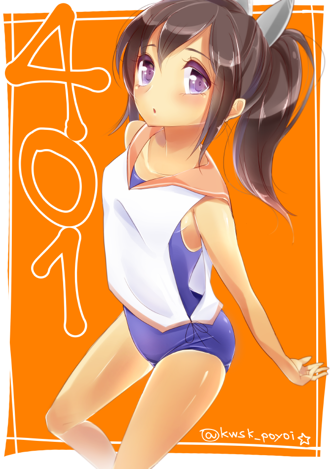 1girl, brown_hair, i-401_(kantai_collection), kantai_collection, kawasaki_ako, ponytail, sailor_collar, school_swimsuit, short_hair, swimsuit, swimsuit_under_clothes, tan, tanline, violet_eyes