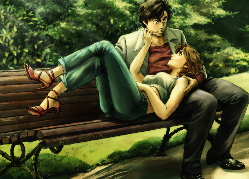 1boy, 1girl, absurdres, bench, black_hair, brown_hair, city_hunter, high_heels