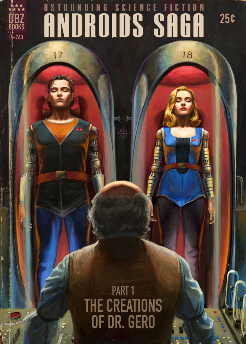 android_17, android_18, astor_alexander, bald, black_hair, blonde_hair, brother_and_sister, buttons
