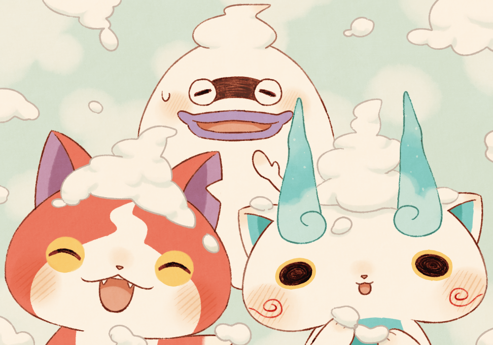 blush, cat, closed_eyes, fangs, ghost, jibanyan, kanacho, koma-san