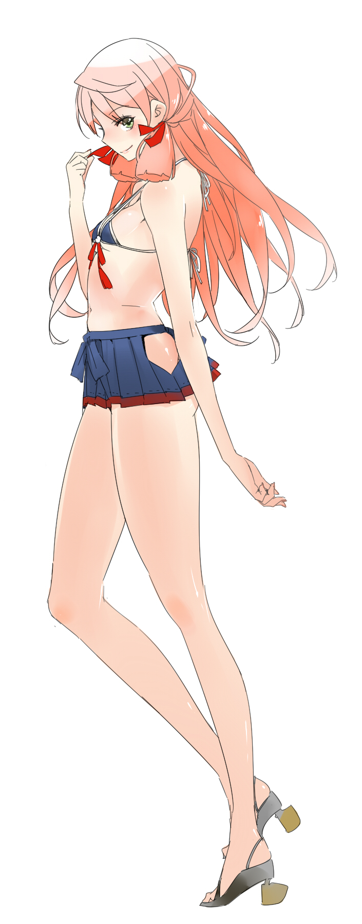 1girl, akashi_(kantai_collection), bikini_top, blush, goshiki_suzu, green_eyes, hair_ribbon, highres
