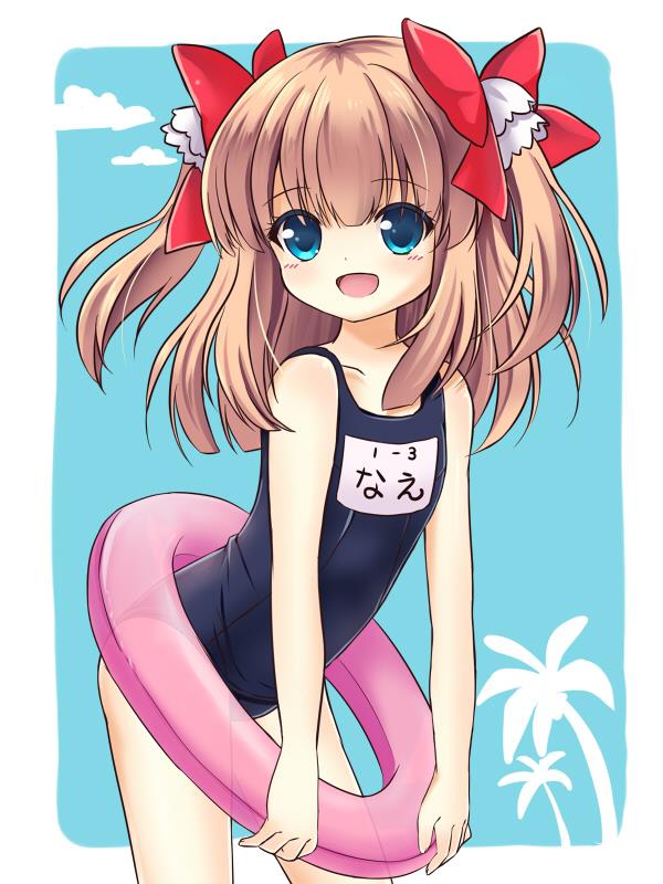 artist_request, blue_eyes, brown_hair, girlfriend_(kari), innertube, leaning_forward, long_hair, ribbon