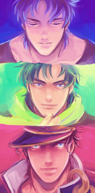 3boys, blue_hair, chikastar, green_hair, jojo_no_kimyou_na_bouken, jonathan_joestar, joseph_joestar_(young), kuujou_joutarou