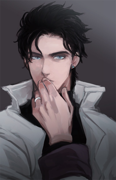 1boy, black_hair, chikastar, hand_to_own_mouth, jewelry, jojo_no_kimyou_na_bouken, kuujou_joutarou, no_hat