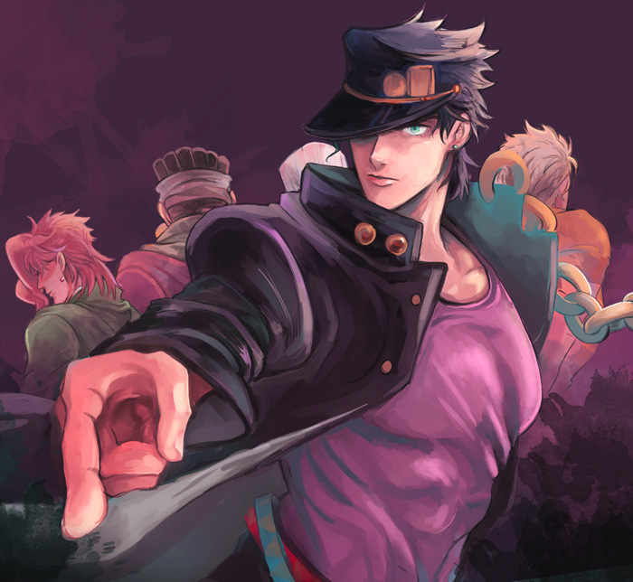 5boys, black_hair, chikastar, hat, jean_pierre_polnareff, jojo_no_kimyou_na_bouken, joseph_joestar, kakyouin_noriaki, kuujou_joutarou, mohammed_avdol, multiple_boys, pointing