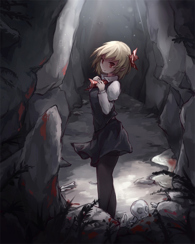 1girl, adjusting_necktie, black_legwear, blonde_hair, blood, blood_splatter, cave, fern