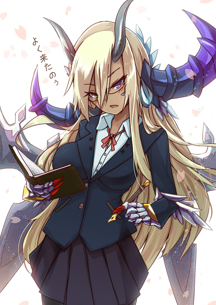 1girl, bespectacled, blonde_hair, dark_skin, dragon_girl, glasses, heterochromia, horns