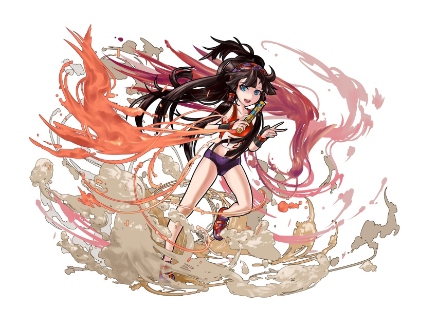 1girl, :d, alternate_costume, black_hair, blue_eyes, buruma, egyptian, eyeshadow, gym_uniform, hair_tubes, hairband, highres, kei_(keiclear), long_hair, makeup, nephthys_(p&amp;d), open_mouth, puzzle_&amp;_dragons, simple_background, smile, solo, v, white_background