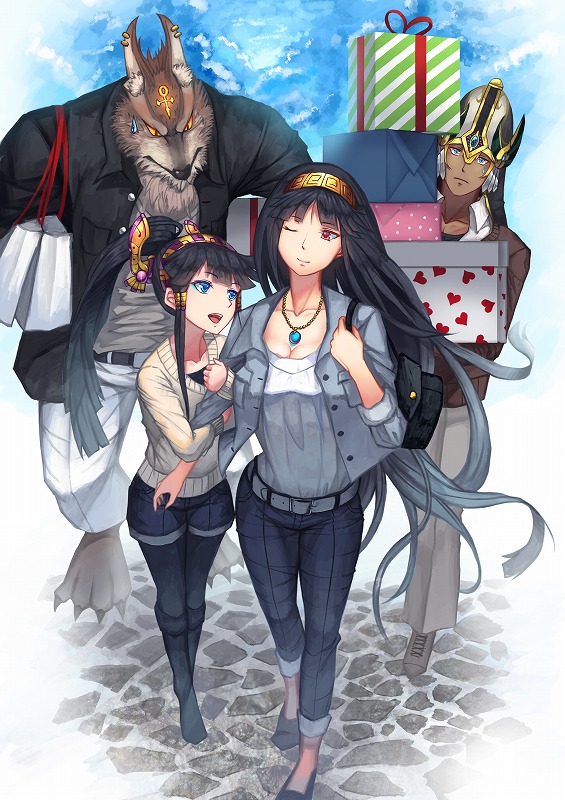 2boys, 2girls, ;), ankh, badominton, black_hair, blue_eyes, breasts