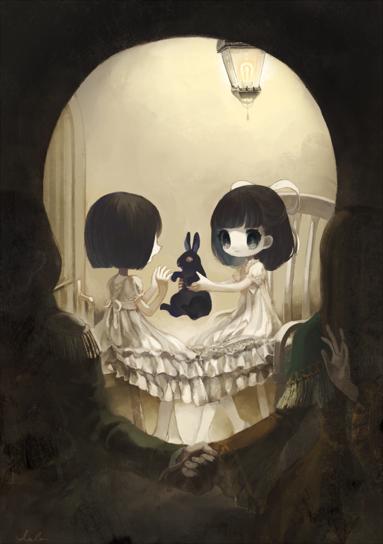 4girls, bangs, blunt_bangs, bow, brown_hair, chair, dress, epaulettes