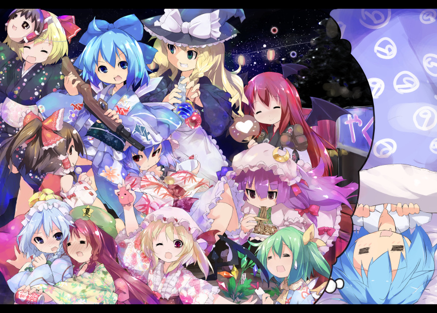 =_=, ?, ahoge, beer, blanket, blonde_hair, blue_eyes, blue_hair