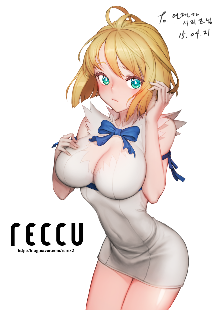 ahoge, aqua_eyes, blonde_hair, breasts, cleavage, cleavage_cutout, covered_navel, dated