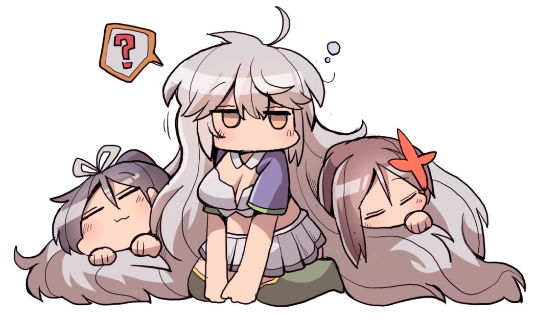 3girls, :3, =_=, ?, amagi_(kantai_collection), brown_hair, chibi, commentary_request, flower, grey_hair, hair_flower, hair_ornament, hair_ribbon, kakuzatou_(koruneriusu), kantai_collection, katsuragi_(kantai_collection), long_hair, multiple_girls, pleated_skirt, ribbon, simple_background, skirt, spoken_question_mark, unryuu_(kantai_collection), white_background