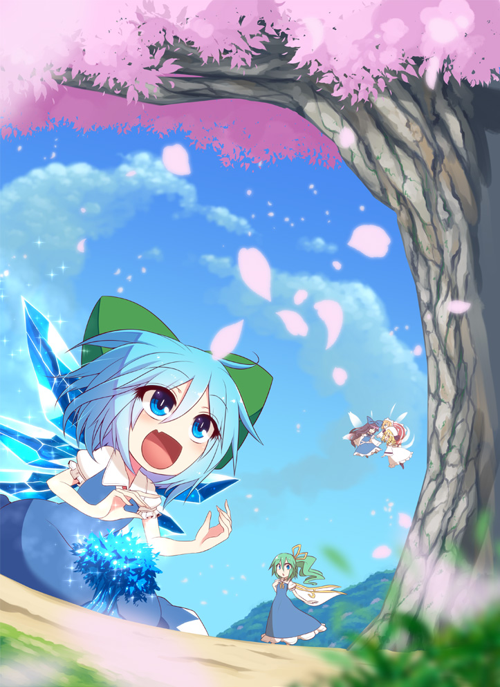 5girls, black_hair, blonde_hair, blue_dress, blue_eyes, blue_sky, bow, cherry_blossoms
