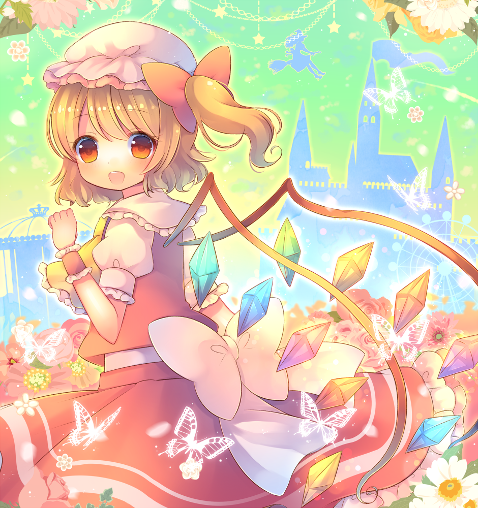 2girls, blonde_hair, butterfly, castle, flandre_scarlet, flower, hat, kirisame_marisa