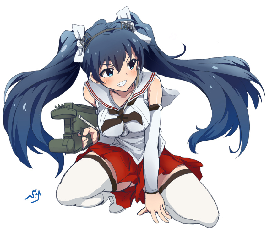 1girl, black_hair, blue_eyes, cosplay, detached_sleeves, ganaha_hibiki, idolmaster, isuzu_(kantai_collection)