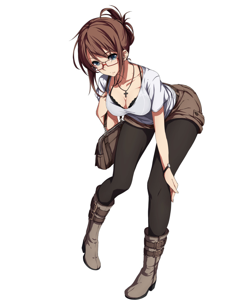 1girl, black_bra, black_legwear, blue_eyes, boots, bra, breasts, brown_hair