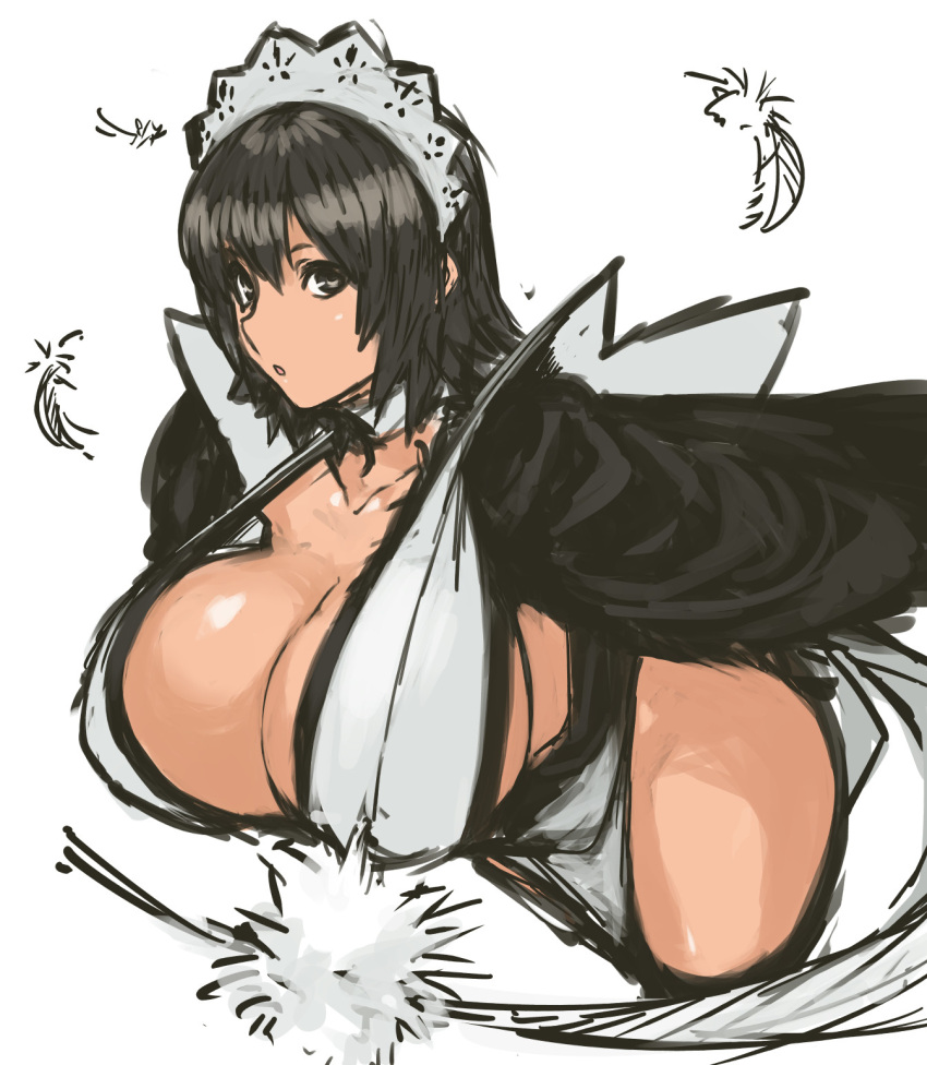 1girl, apron, black_hair, breasts, choker, cleavage, feathers, grey_eyes