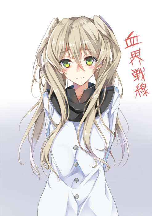 1girl, blonde_hair, buttons, copyright_name, gradient, gradient_background, green_eyes, jacket