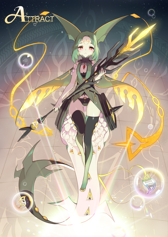1000marie, cape, facial_mark, forehead_mark, gem, green_hair, mega_pokemon, mega_rayquaza, personification, pokemon, pokemon_(game), pokemon_oras, rayquaza, red_eyes, tail, thigh-highs, tiles, weapon