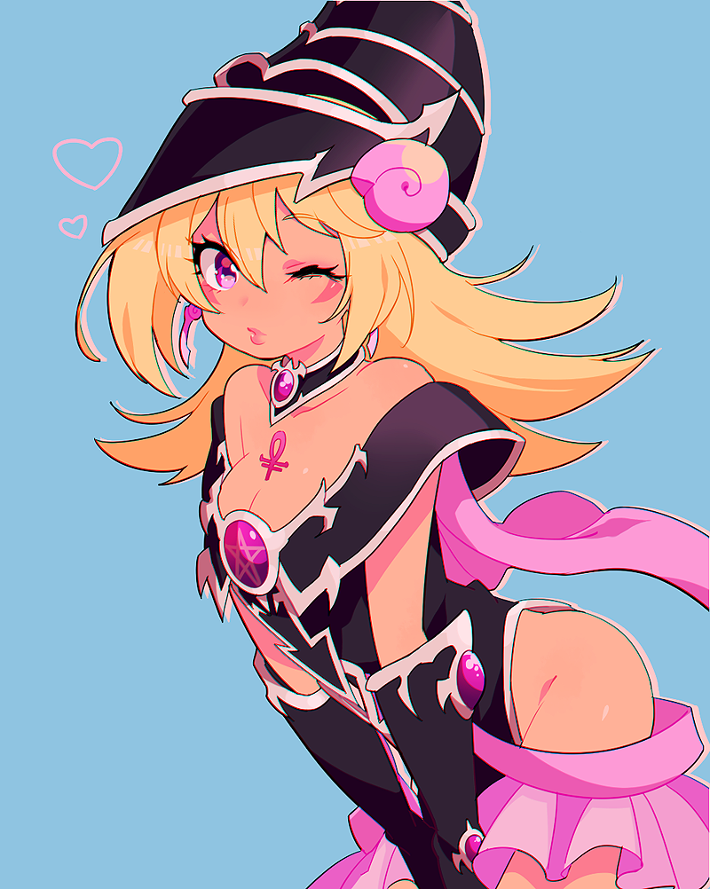 1girl, alternate_color, ass, bare_shoulders, blonde_hair, breasts, cleavage, dark_magician_girl, dark_skin, hat, heart, nns146, one_eye_closed, solo, violet_eyes, wizard_hat, yuu-gi-ou, yuu-gi-ou_duel_monsters