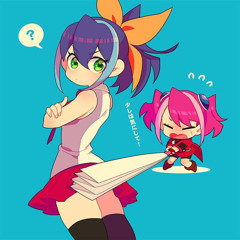 2girls, black_legwear, blue_hair, bow, convenient_censoring, fan, green_eyes, hair_bow