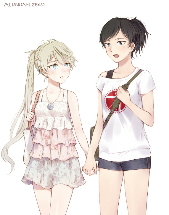 2girls, aldnoah.zero, bag, black_hair, blue_eyes, blush, dress, genderswap, handbag, harklight, holding_hands, jewelry, long_hair, multiple_girls, off_shoulder, open_mouth, pendant, ponytail, shorts, slaine_troyard, very_long_hair, xsinon