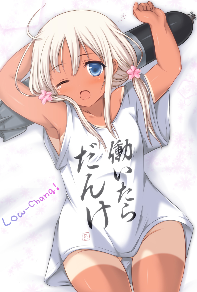 1girl, ;o, alternate_hairstyle, blonde_hair, blue_eyes, cosplay, flower, futaba_anzu