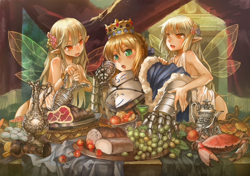 3girls, armor, armored_dress, blonde_hair, bread, crab, crown, dress, fairy, fairy_wings, fate/stay_night, fate_(series), feast, food, fruit, gauntlets, goblet, grapes, green_eyes, highres, madcocoon, meat, multiple_girls, pointy_ears, red_eyes, saber, wings