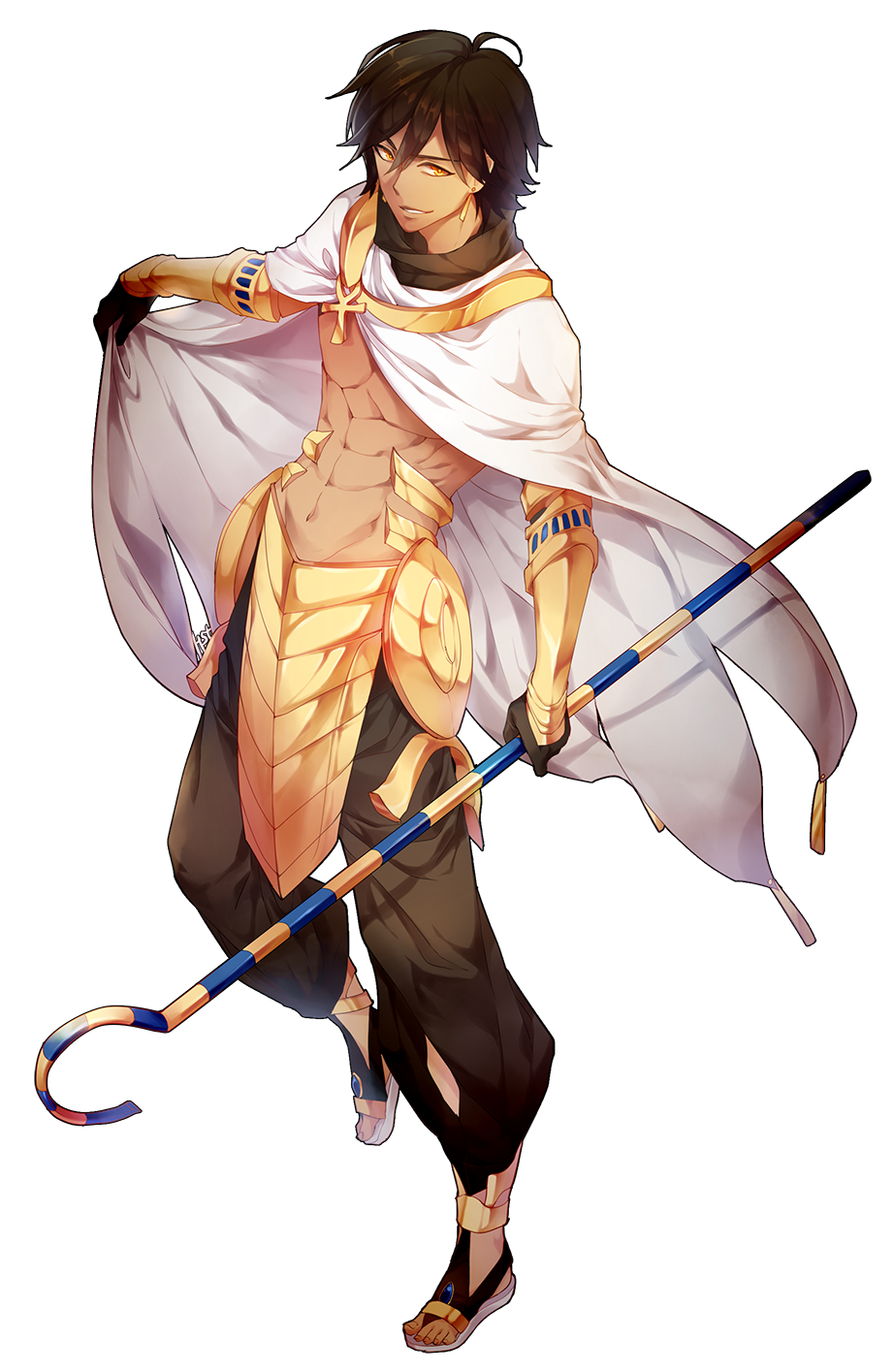 1boy, ankh, armor, brown_hair, cape, crook_and_flail, dark_skin, fate/prototype:_fragments_of_blue_and_silver, gauntlets, heru_(goldprin), highres, midriff, rider_(fate/prototype_fragments), solo, staff, yellow_eyes