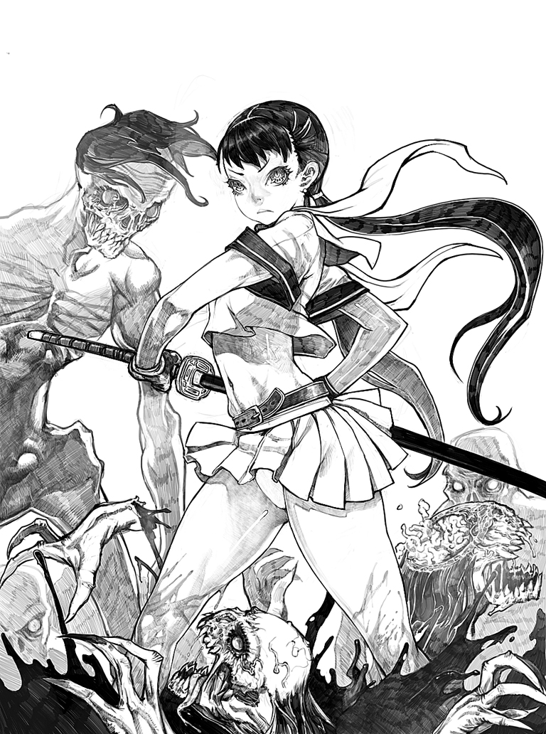 midriff, miniskirt, monochrome, monster, oneechanbara, panties, pantyshot, saki_(oneechanbara)
