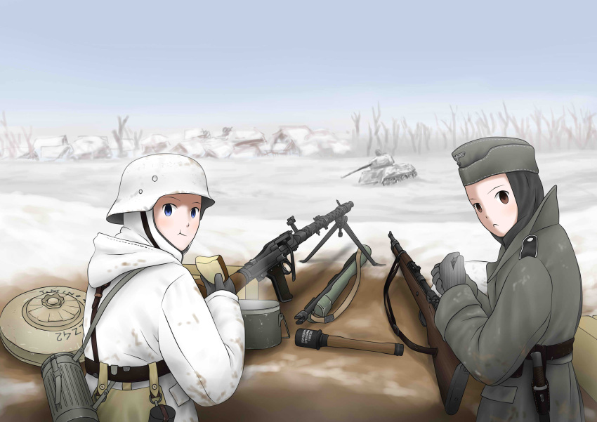 :<, :t, absurdres, bayonet, blue_eyes, bolt_action, bread, brown_eyes