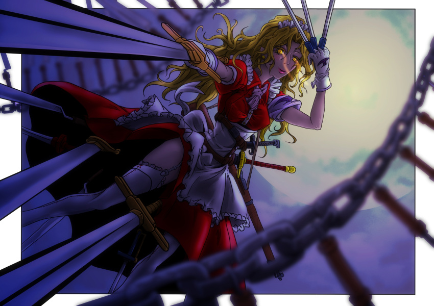 1girl, blonde_hair, chain, earrings, garter_straps, gloves, glowing, glowing_eyes