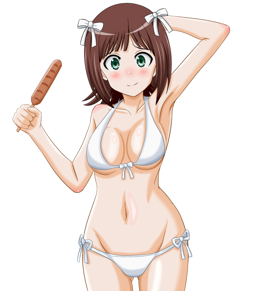 1girl, amami_haruka, arms_up, bikini, brown_hair, corndog, green_eyes, highres
