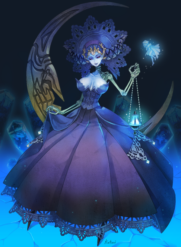 black_sclera, blue_skin, breasts, crown, dress, odette_(odin_sphere), odin_sphere, pointy_ears, red_eyes