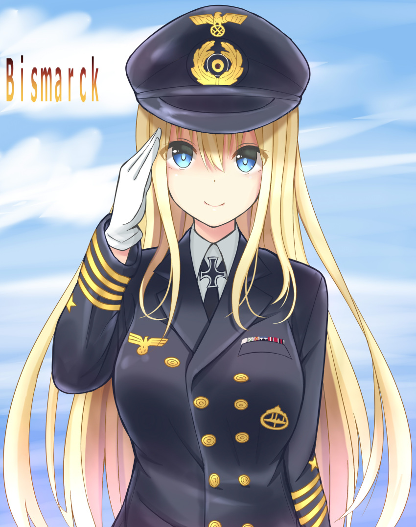 absurdres, alternate_costume, bismarck_(kantai_collection), blonde_hair, blue_eyes, double-breasted, female_admiral_(kantai_collection), highres, iron_cross, kantai_collection, kriegsmarine, military, military_uniform, mizukoshi_(marumi), solo, straight_hair, uniform