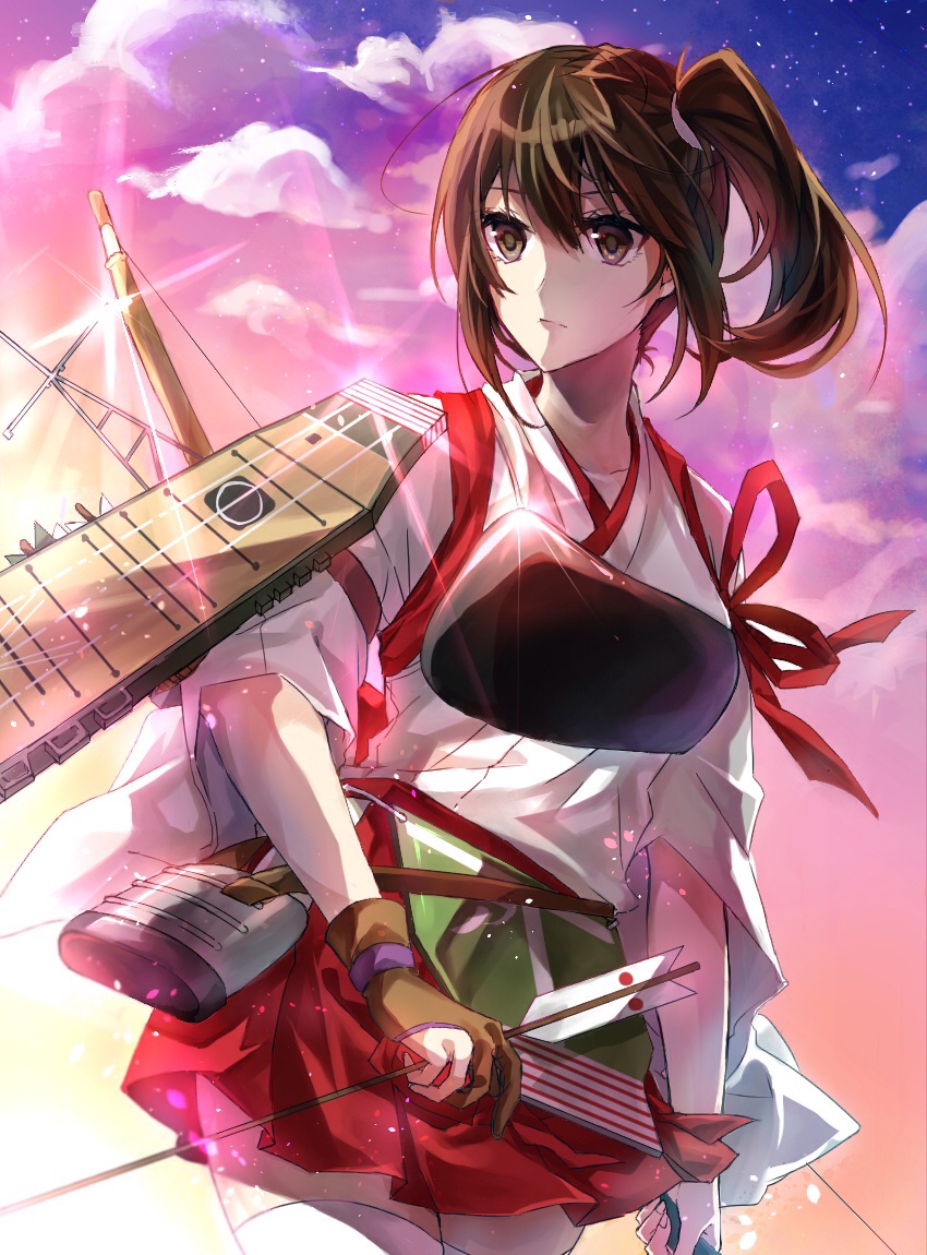 1girl, akagi_(kantai_collection)_(cosplay), arrow, betti_(maron), bow_(weapon), brown_hair, gloves, japanese_clothes