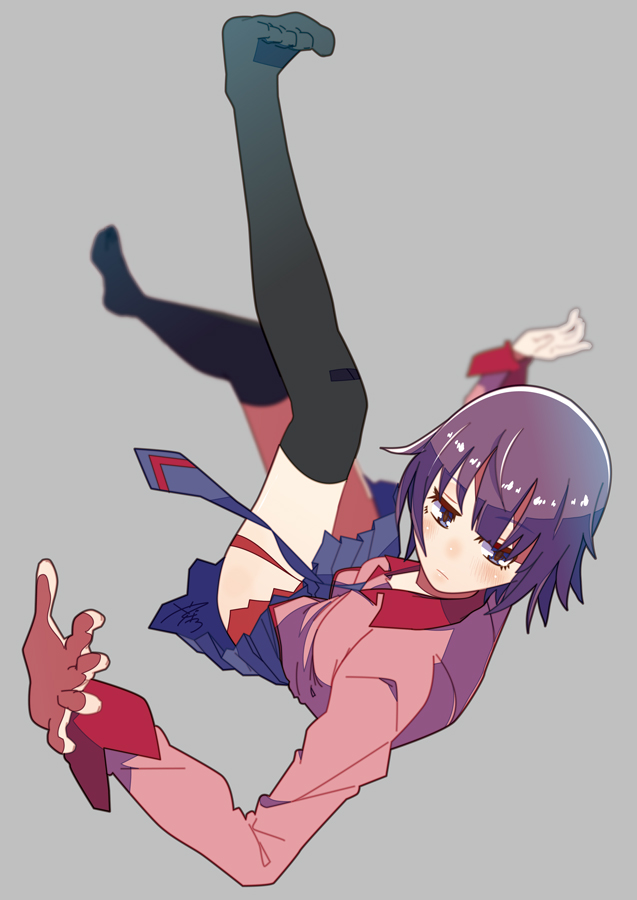 1girl, blue_eyes, monogatari_(series), necktie, purple_hair, school_uniform, senjougahara_hitagi, short_hair