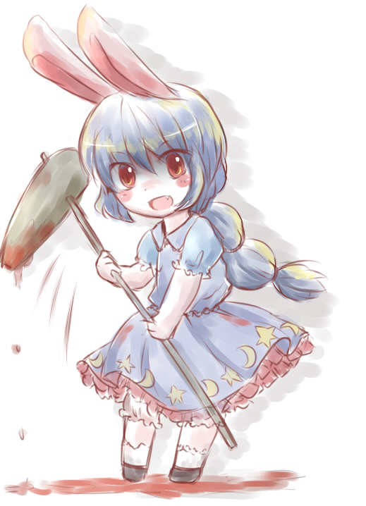1girl, animal_ears, bangs, blood, bloody_clothes, blue_hair, blue_skirt, blush