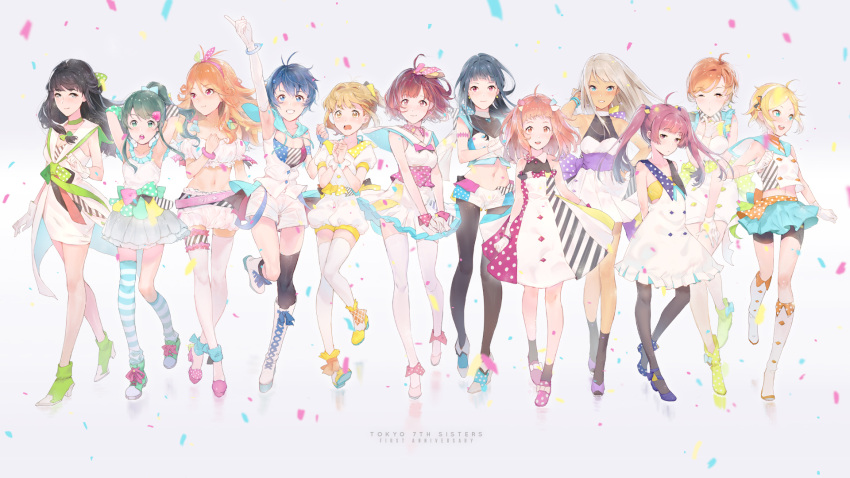6+girls, ahoge, alessandra_susu, anniversary, arm_up, arms_behind_back, bangs, black_hair