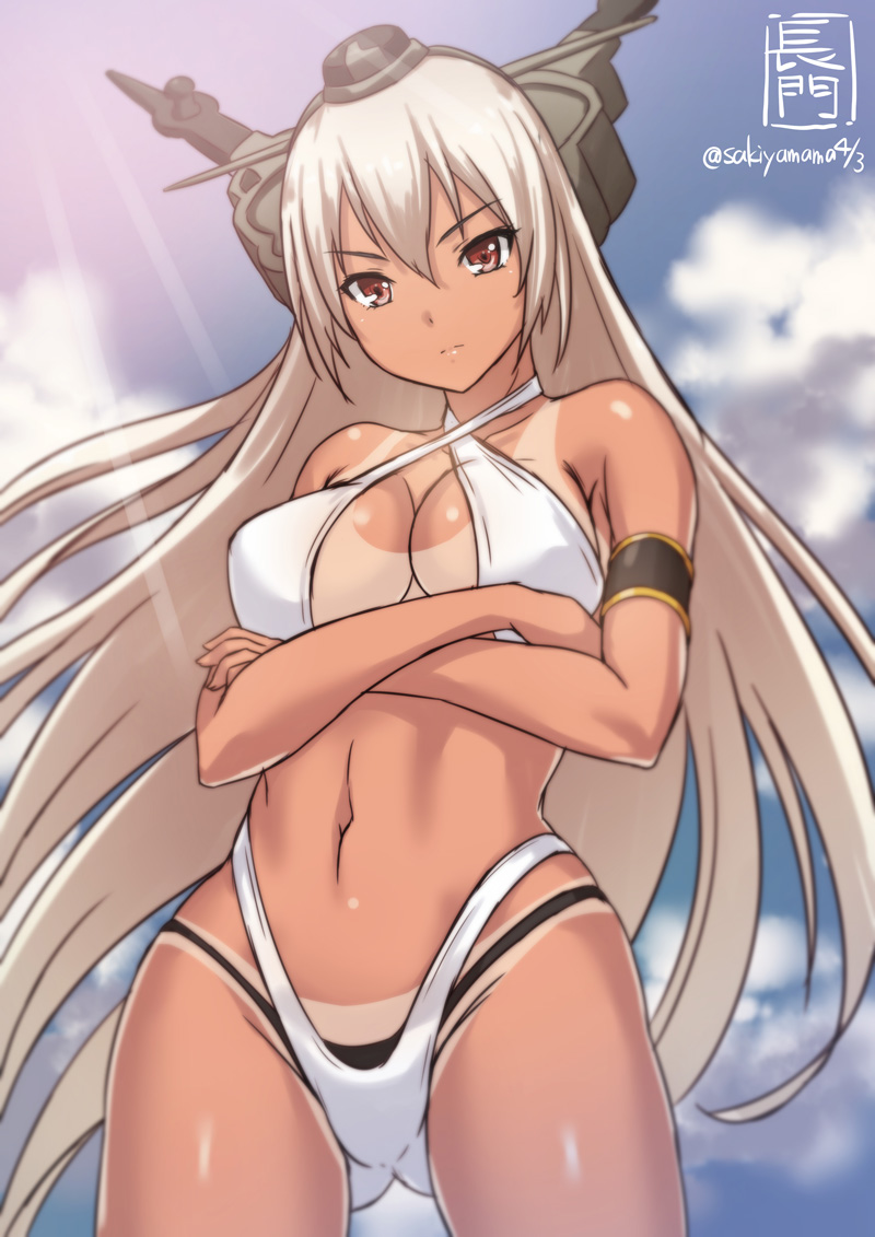 1girl, alternate_hair_color, bare_shoulders, bikini, black_hair, breasts, cleavage, criss-cross_halter