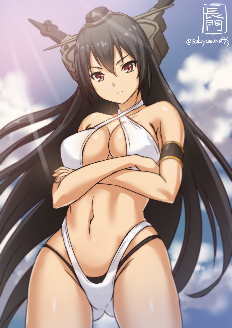 1girl, bare_shoulders, bikini, black_hair, breasts, cleavage, criss-cross_halter, crossed_arms
