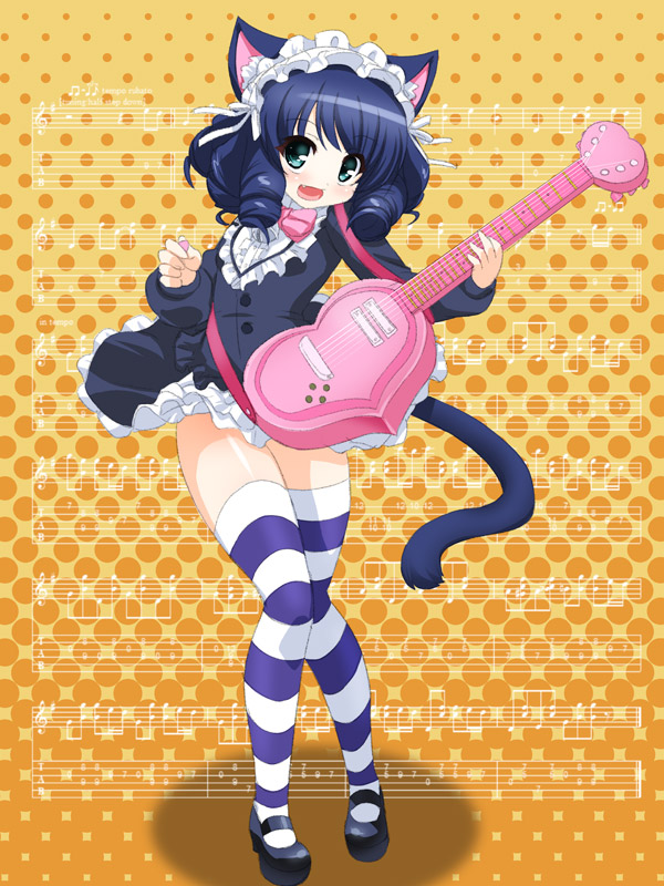 1girl, ;d, animal_ears, bell, black_hair, blush, bow, cat_ears, cat_tail, curly_hair, cyan_(show_by_rock!!), dress, fang, gessekai, green_eyes, guitar, hair_ribbon, hairband, heart_guitar, instrument, jingle_bell, lolita_fashion, lolita_hairband, looking_at_viewer, musical_note, one_eye_closed, open_mouth, pink_bow, ribbon, show_by_rock!!, smile, solo, striped, striped_legwear, tail, thigh-highs, zettai_ryouiki