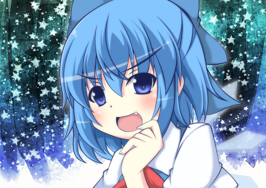 1girl, blue_eyes, blue_hair, blush, bow, cirno, fang, hair_bow, ice, ice_wings, masiromu, open_mouth, solo, star, touhou, wings