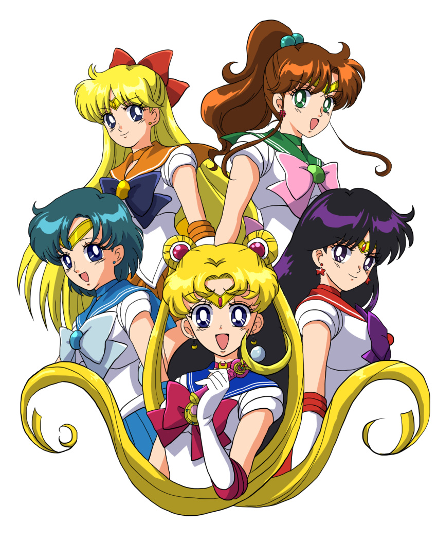 5girls, :d, aino_minako, bishoujo_senshi_sailor_moon, black_hair, blonde_hair, blue_bow, blue_eyes, blue_hair, bow, brooch, brown_hair, choker, crescent_earrings, double_bun, earrings, elbow_gloves, gloves, green_eyes, hair_bobbles, hair_bow, hair_ornament, half_updo, highres, hino_rei, jewelry, kino_makoto, long_hair, magical_girl, mizuno_ami, moon_stick, multiple_girls, open_mouth, pink_bow, ponytail, purple_bow, purple_hair, red_bow, sagoyuma, sailor_collar, sailor_jupiter, sailor_mars, sailor_mercury, sailor_moon, sailor_venus, short_hair, smile, star, star_earrings, tiara, tsukino_usagi, twintails, wand, white_background, white_gloves