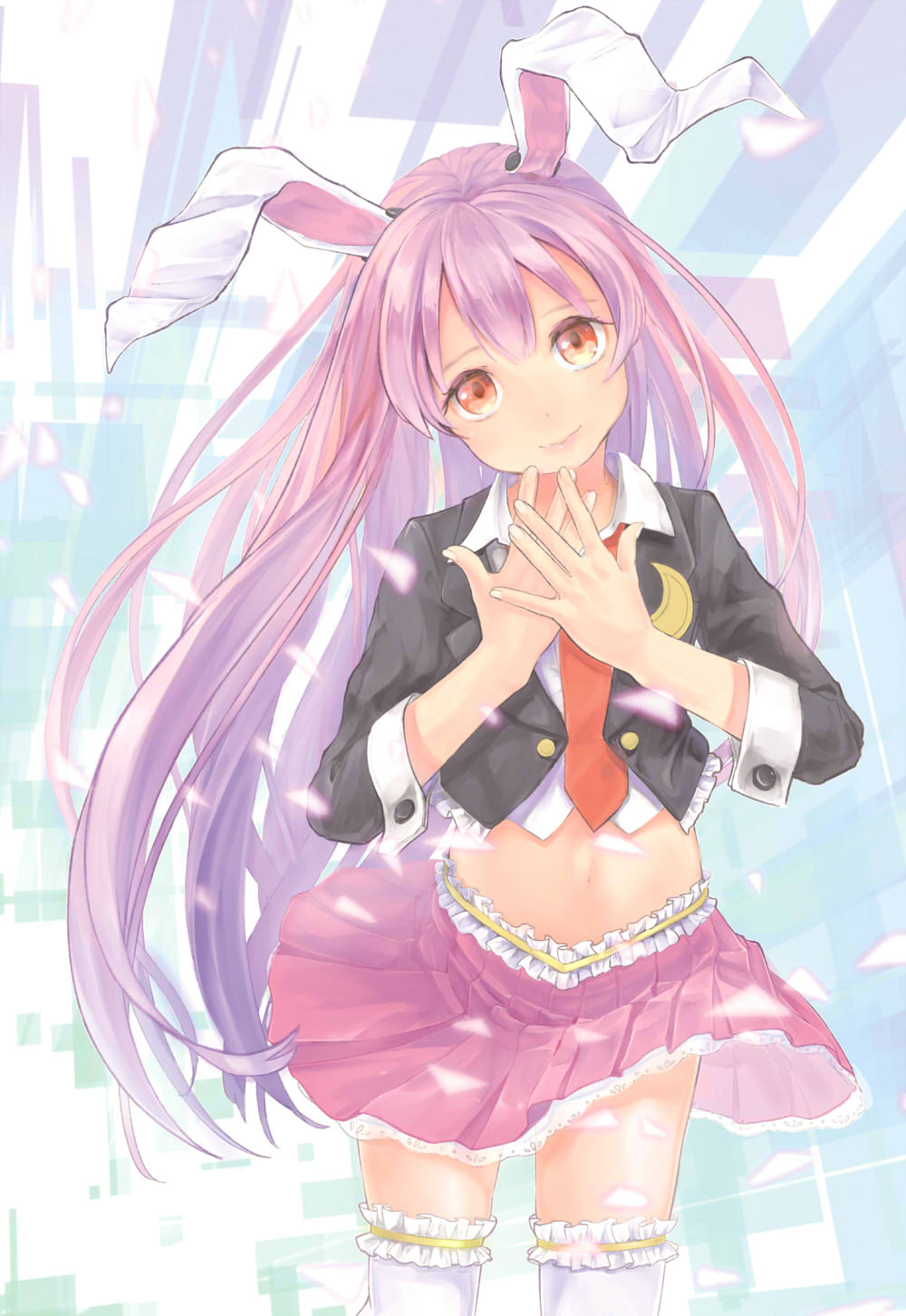 1girl, animal_ears, blazer, crescent, frilled_legwear, gradient, gradient_background, hands_on_own_chin