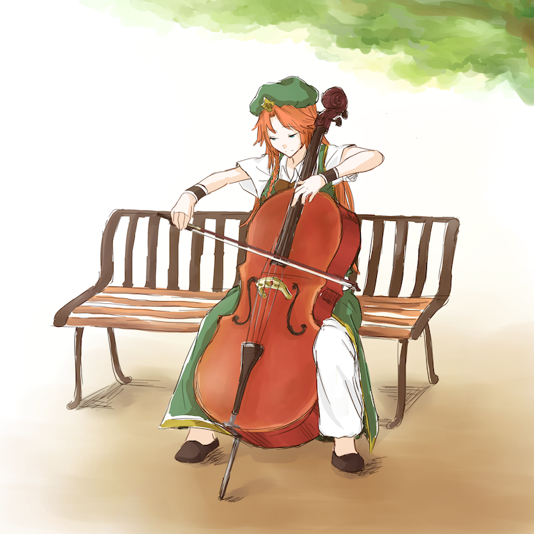 1girl, bow_(instrument), braid, cello, chinese_clothes, flat_cap, green_eyes, hat